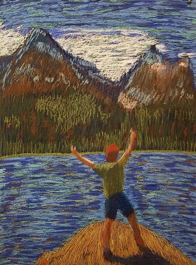 pastel of man along river looking at mountains