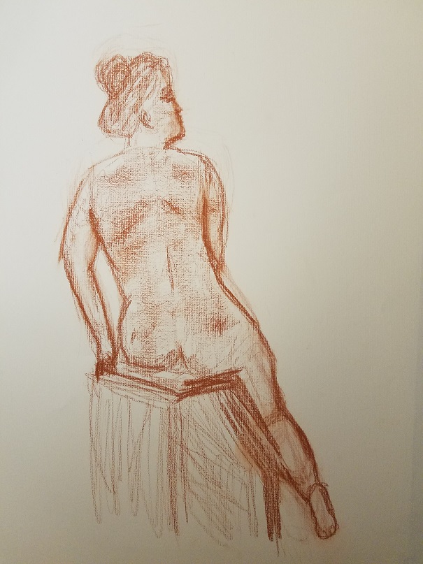 brown pastel drawing of seated nude female from back