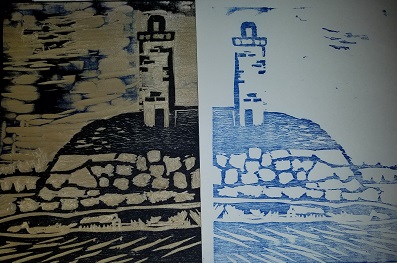 wood block print of lighthouse