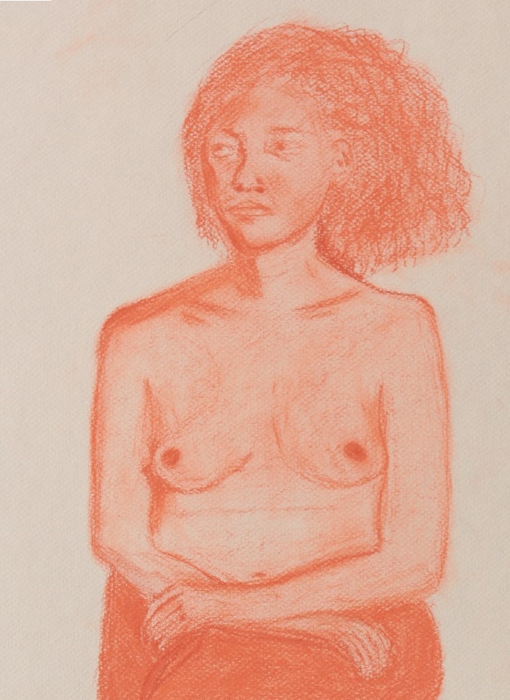 earth tone pastel drawing of seated female topless
