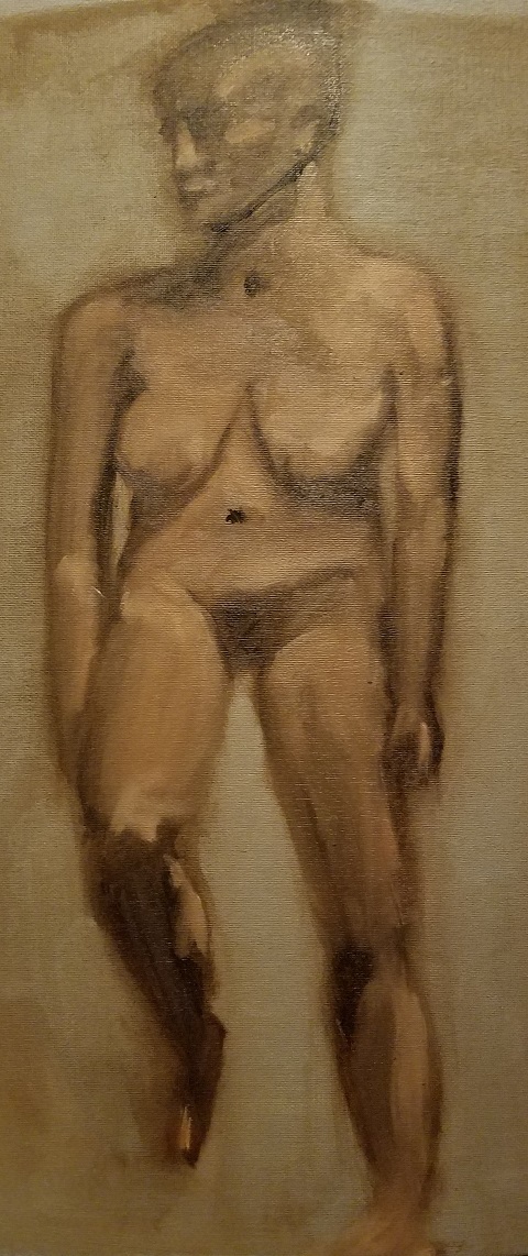 earth tone painting of seated female nude