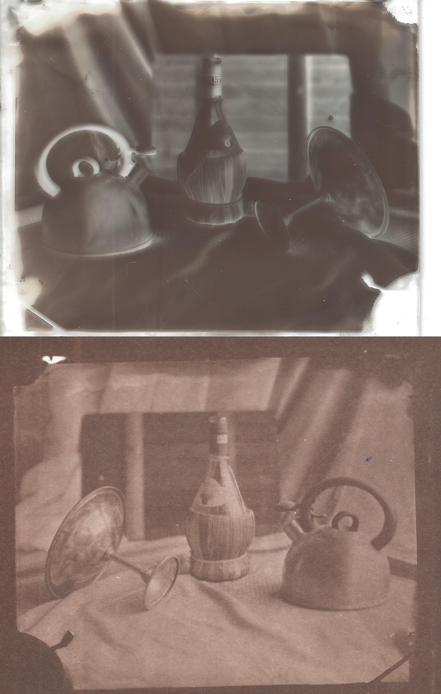Glass plate photo of still life with copy of print to paper below