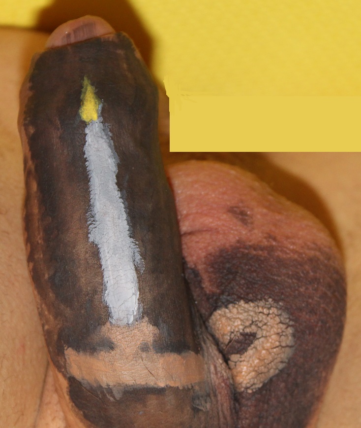 painting on a flacid penis of a lit candle in a candlestick holder