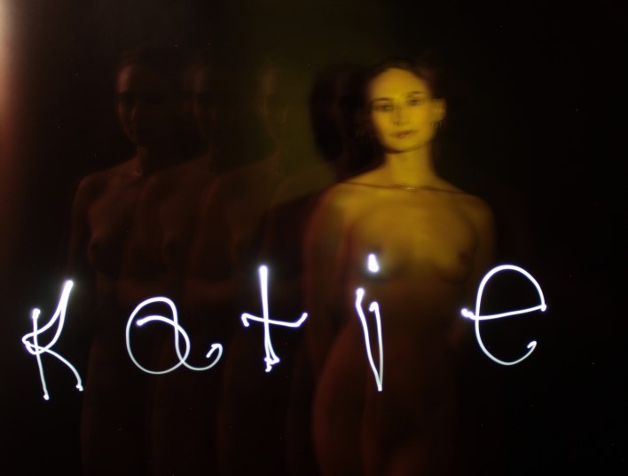 light painting of nude female with her name written using a light pen