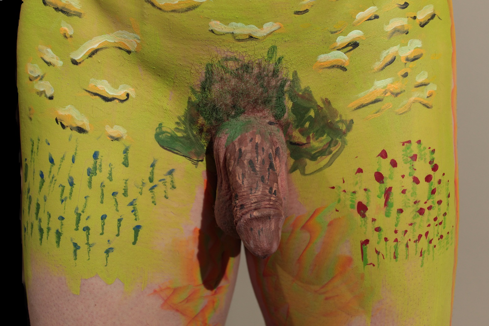 painting on a flacid penis of a tree