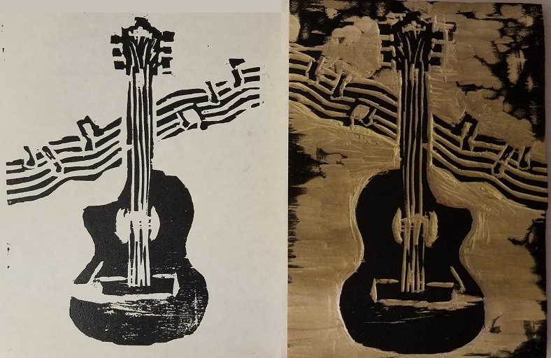 wood block print of guitar with line of sheet music above