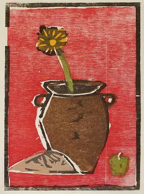 wood block print of flower in jug next to loaf of bread and an apple.