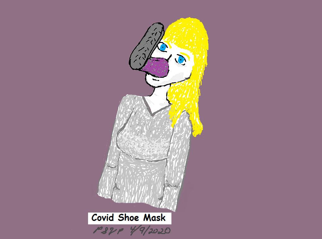 digital drawing of blond woman wearing shoe over mouth and nose
