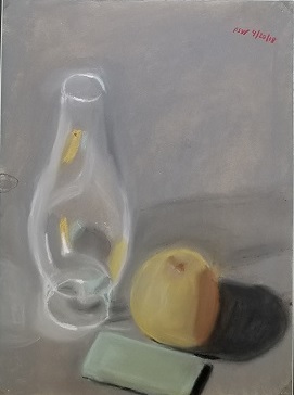 pastel of kerosene lantern glass, yellow apple, green bar of soap