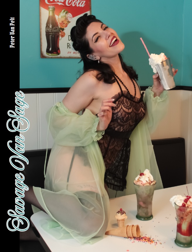 Nude female model in a vintage 1950's dinningroom with milkshakes