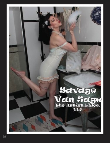 Female model wearing white under garment in front of a metal washbasin filled with soap bubbles