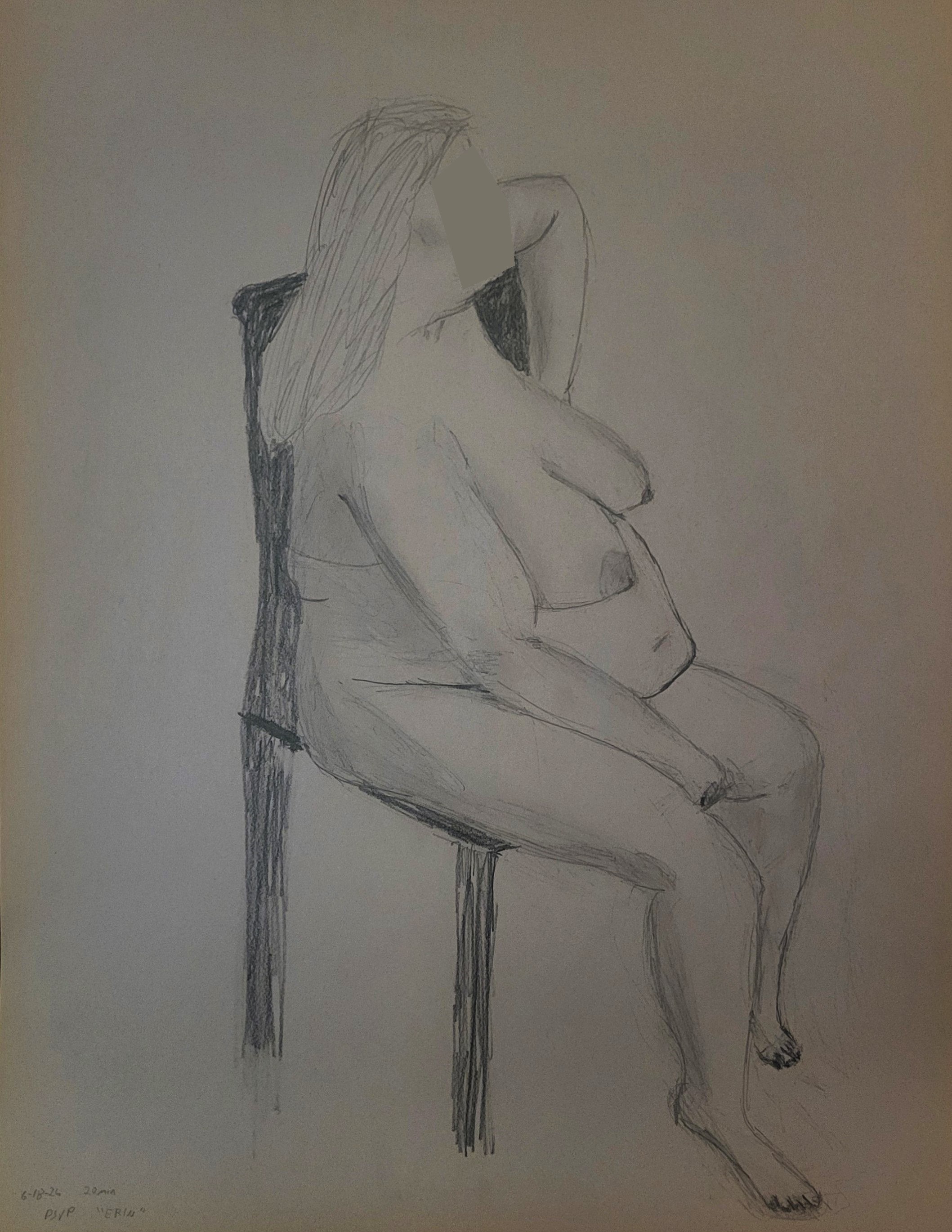 pencil sketch of seated nude female - her face hidden
