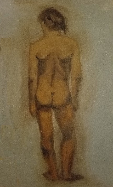 earth tone painting of back of female standing nude