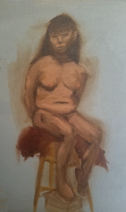 earth tone painting of nude female seated