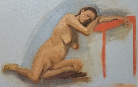 earth tone painting of nude female seated on floor resting head on chair