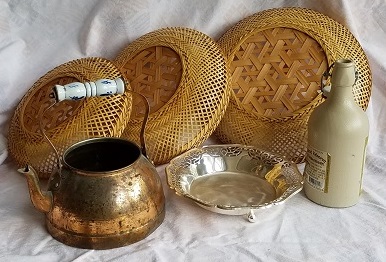 photo of 3 wicker baskets, copper kettle, silver plate, clay jug