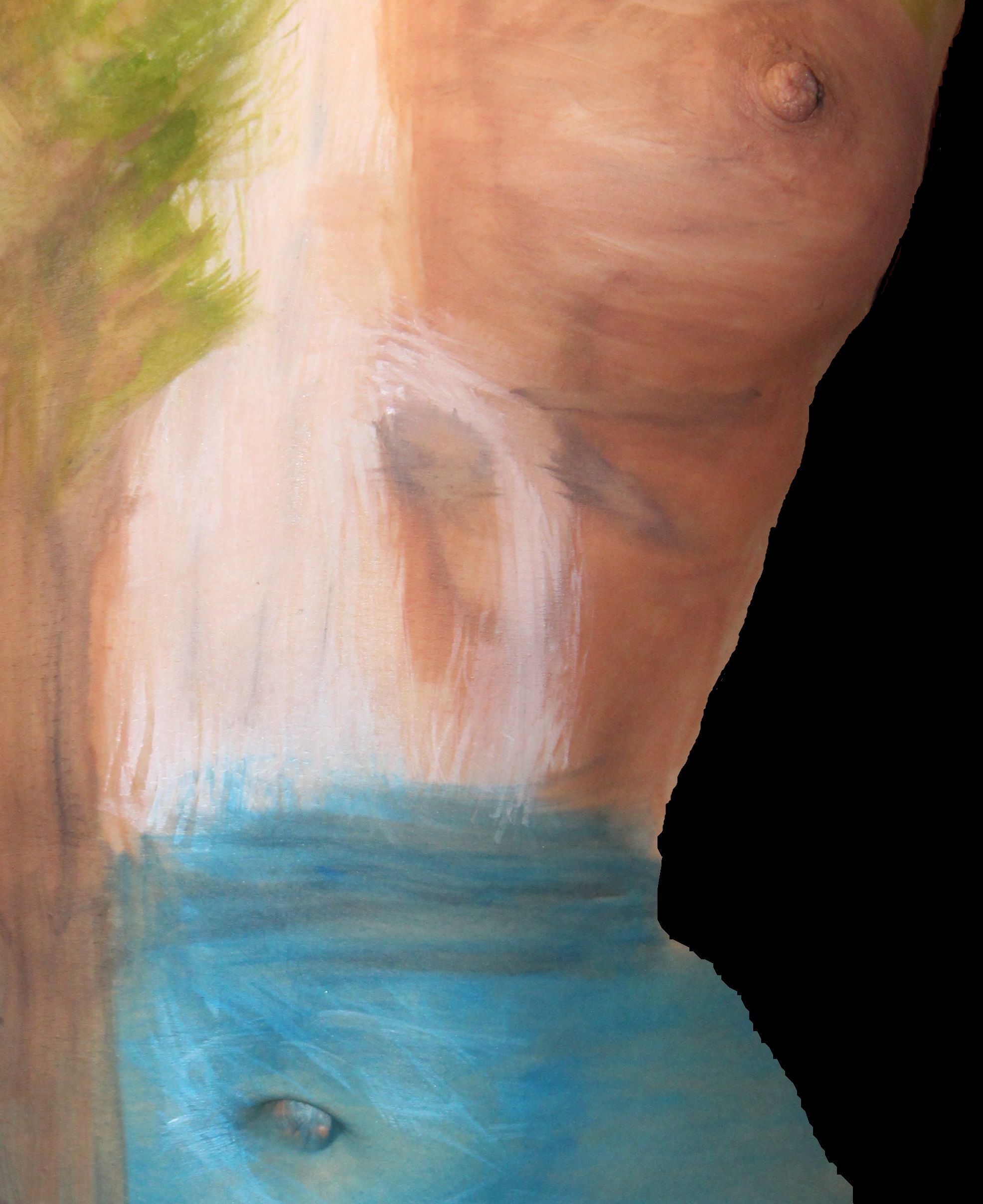 painting of waterfall on front of female nude