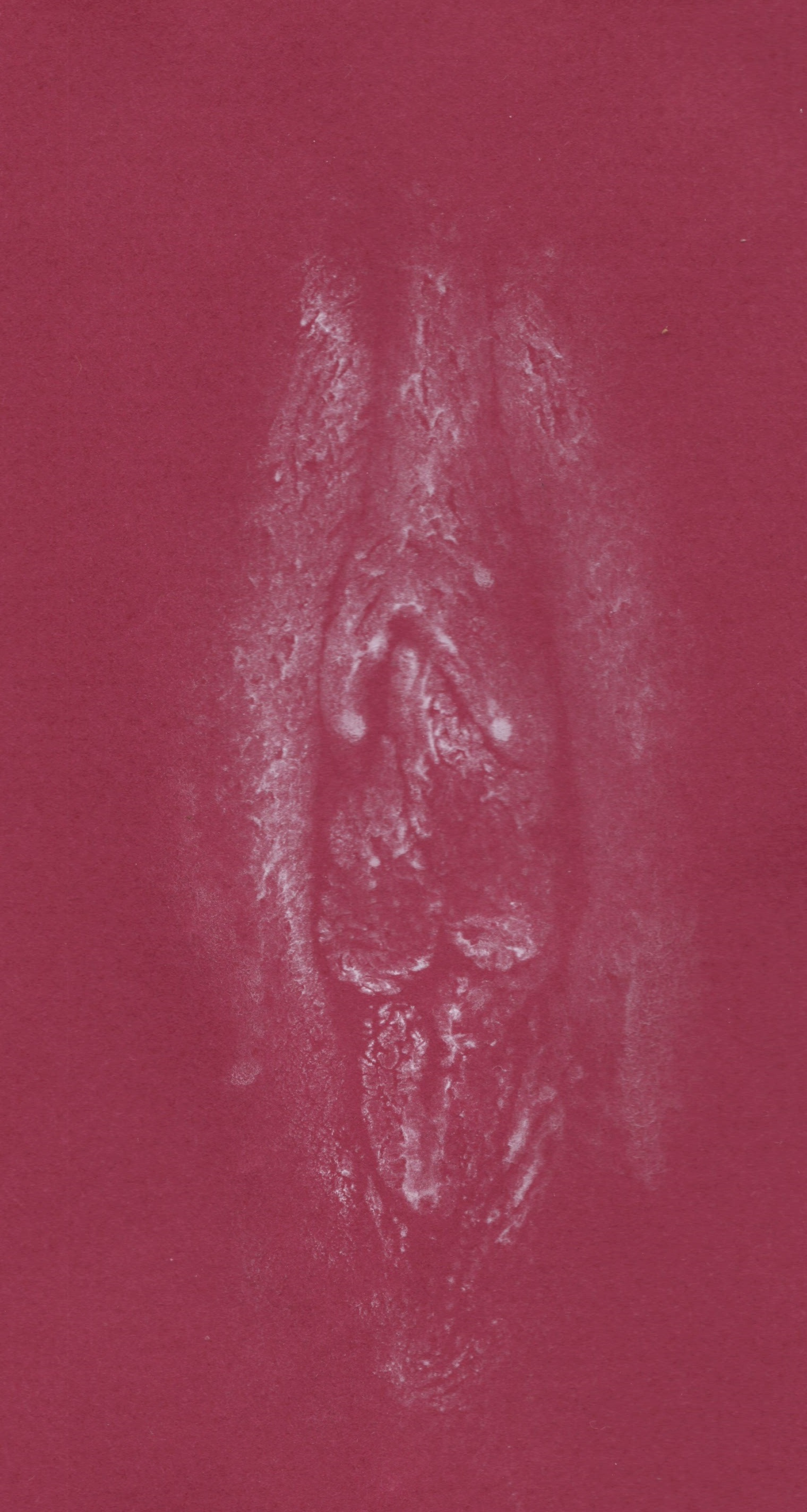 white print of vulva on red paper