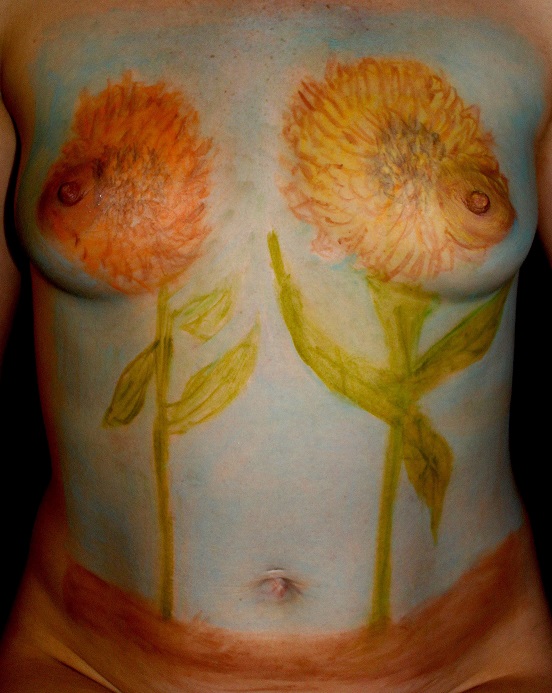 Body Painting of two sunflowers on female torso