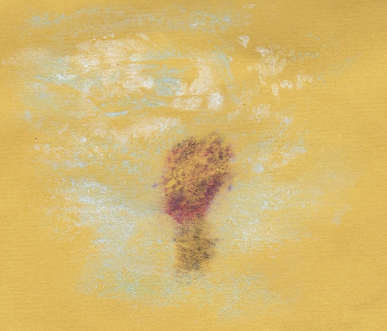 Scan of print made from labia painted with white clouds on a blue sky with a hot air balloon